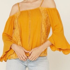 BOHO | MISS ME | Mustard Cold Shoulder Lace Bell Sleeve Top | M